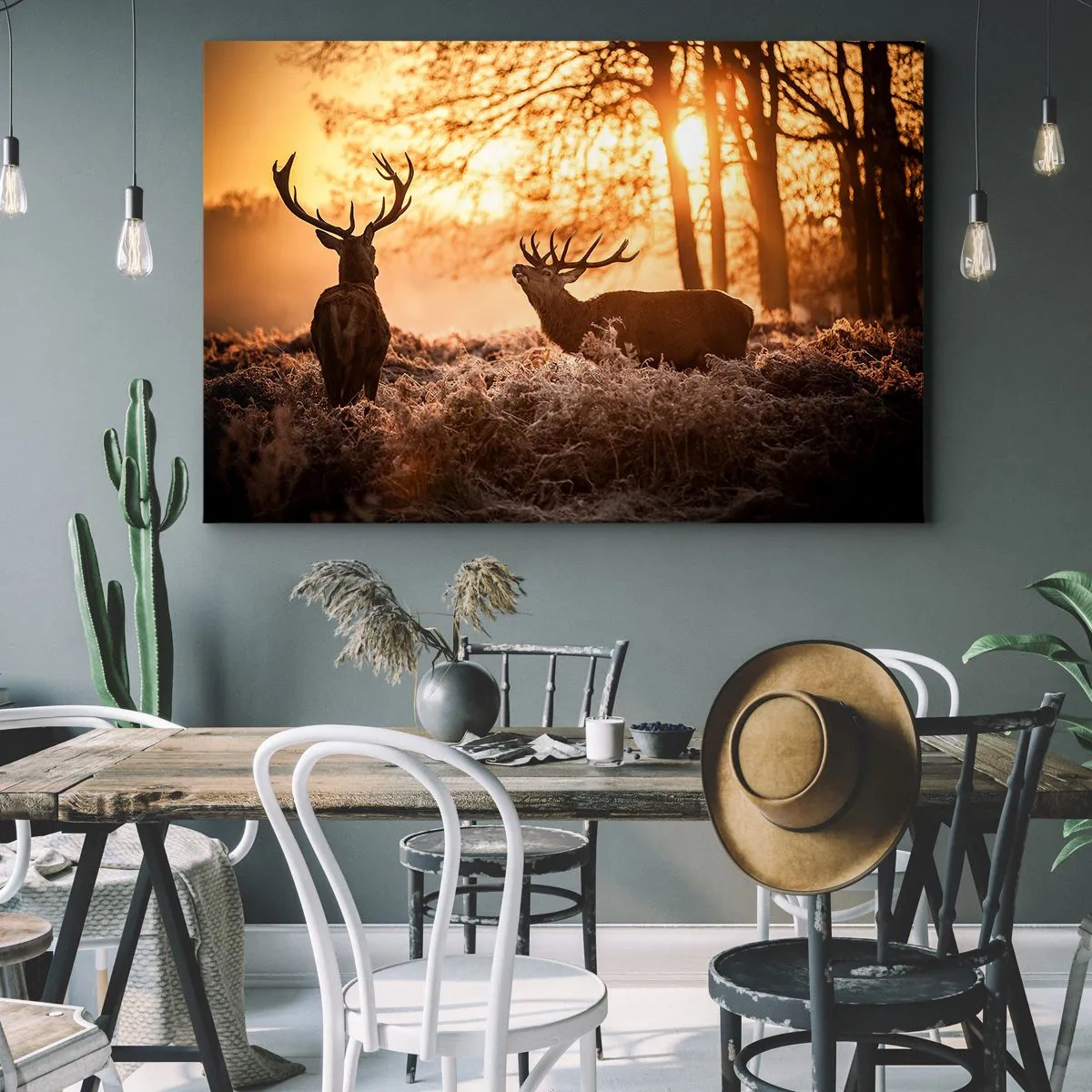 Obraz na plátně - Dva jeleni při západu slunce v zimní krajině - 70x50cm - Sen myslivce - Moderní nástěnná dekorace do obývacího pokoje a ložnice ARTTOR
