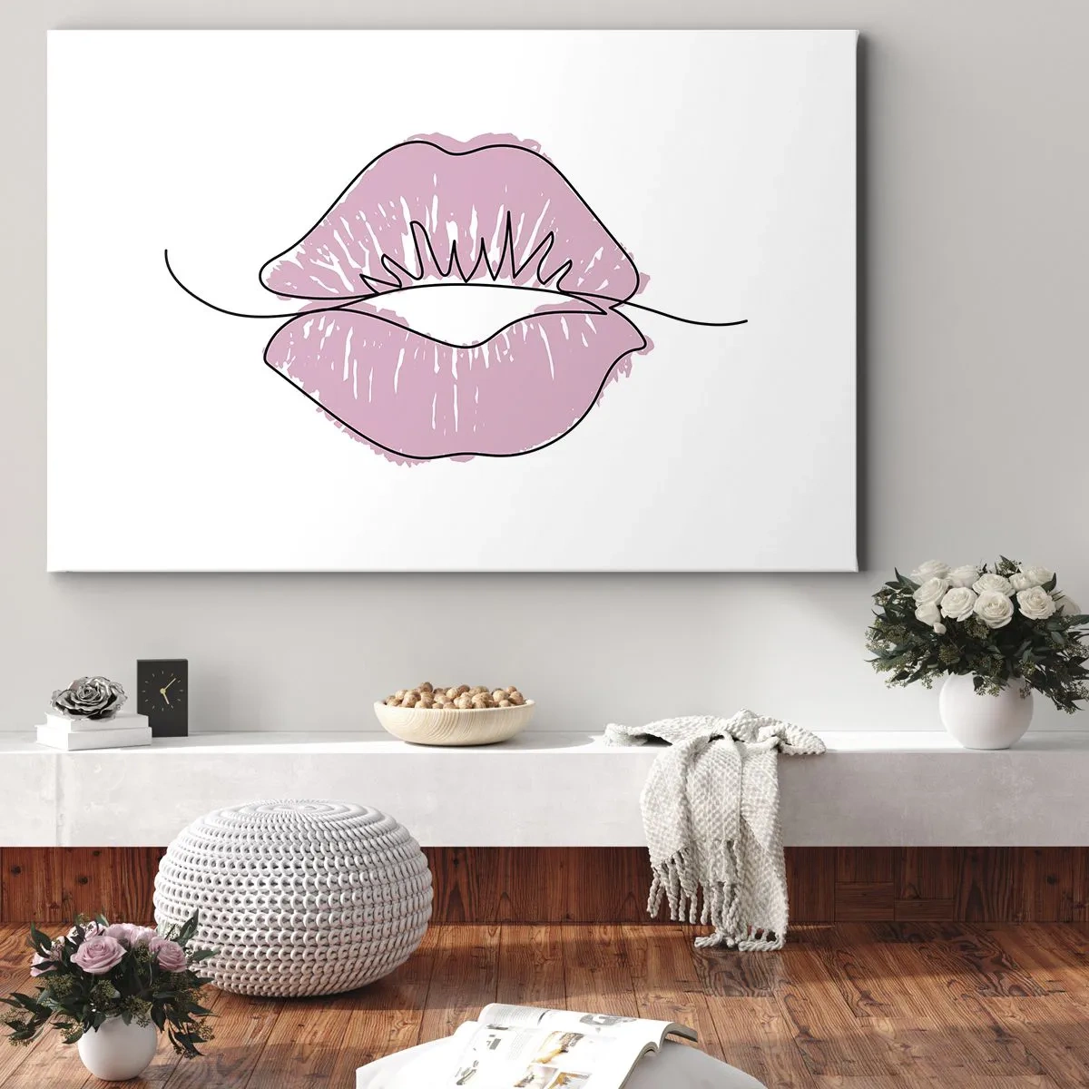 Obraz na plátně - Minimalistická kresba rtů v růžovém odstínu - 70x50cm - Jsi připraven na polibek? - Moderní nástěnná dekorace do obývacího pokoje a ložnice ARTTOR