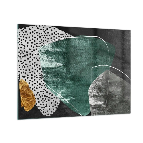 Obraz na skle - Zelené formy s černým pozadím a zlatým akcentem - 70x50cm - Barevná abstrakce se zlatou vločkou - Moderní nástěnná dekorace do obývacího pokoje a ložnice ARTTOR