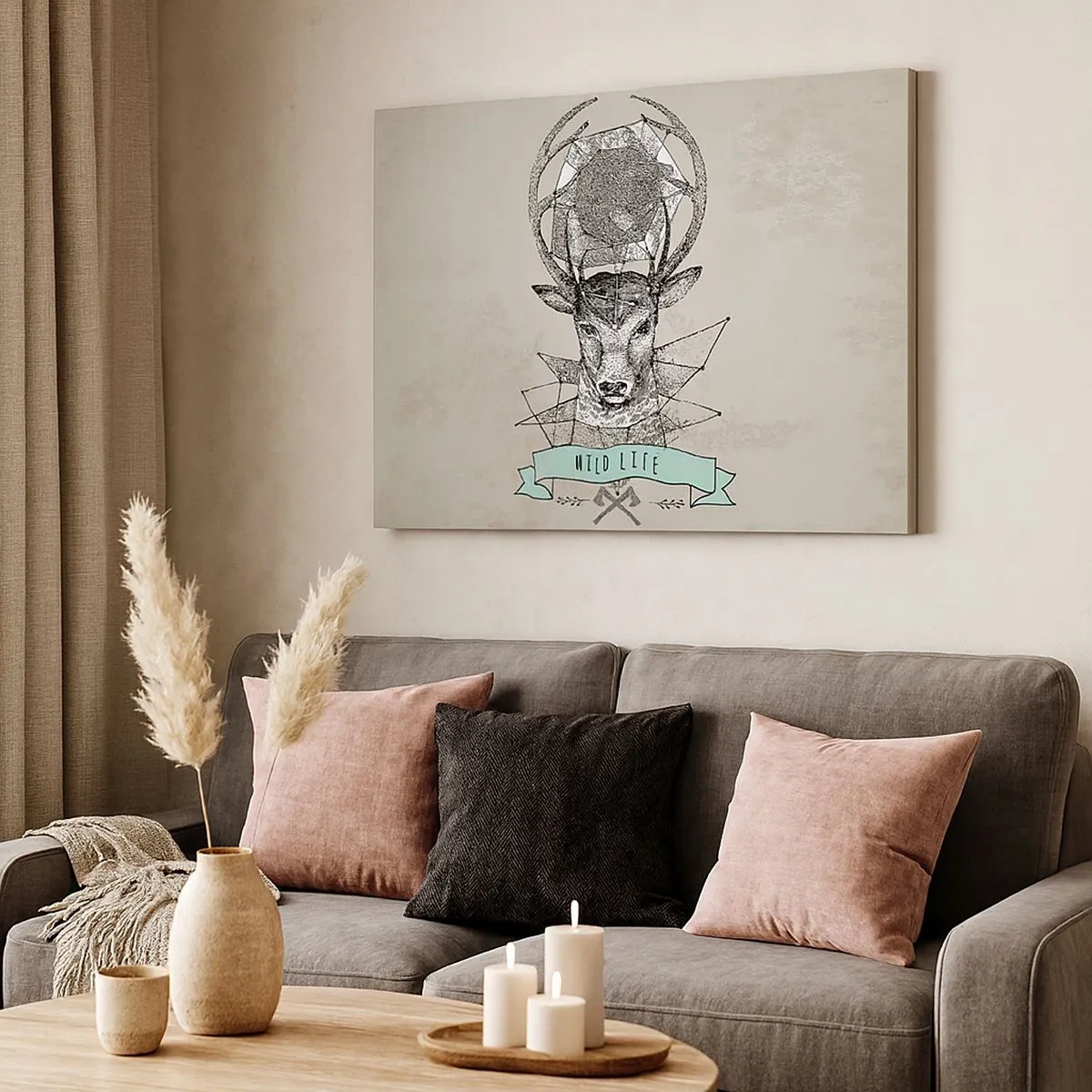 Obraz na plátně - Geometrie jelenů ve vintage stylu s nápisem Wild Life - 70x50cm - Vidění sv. Huberta - Moderní nástěnná dekorace do obývacího pokoje a ložnice ARTTOR