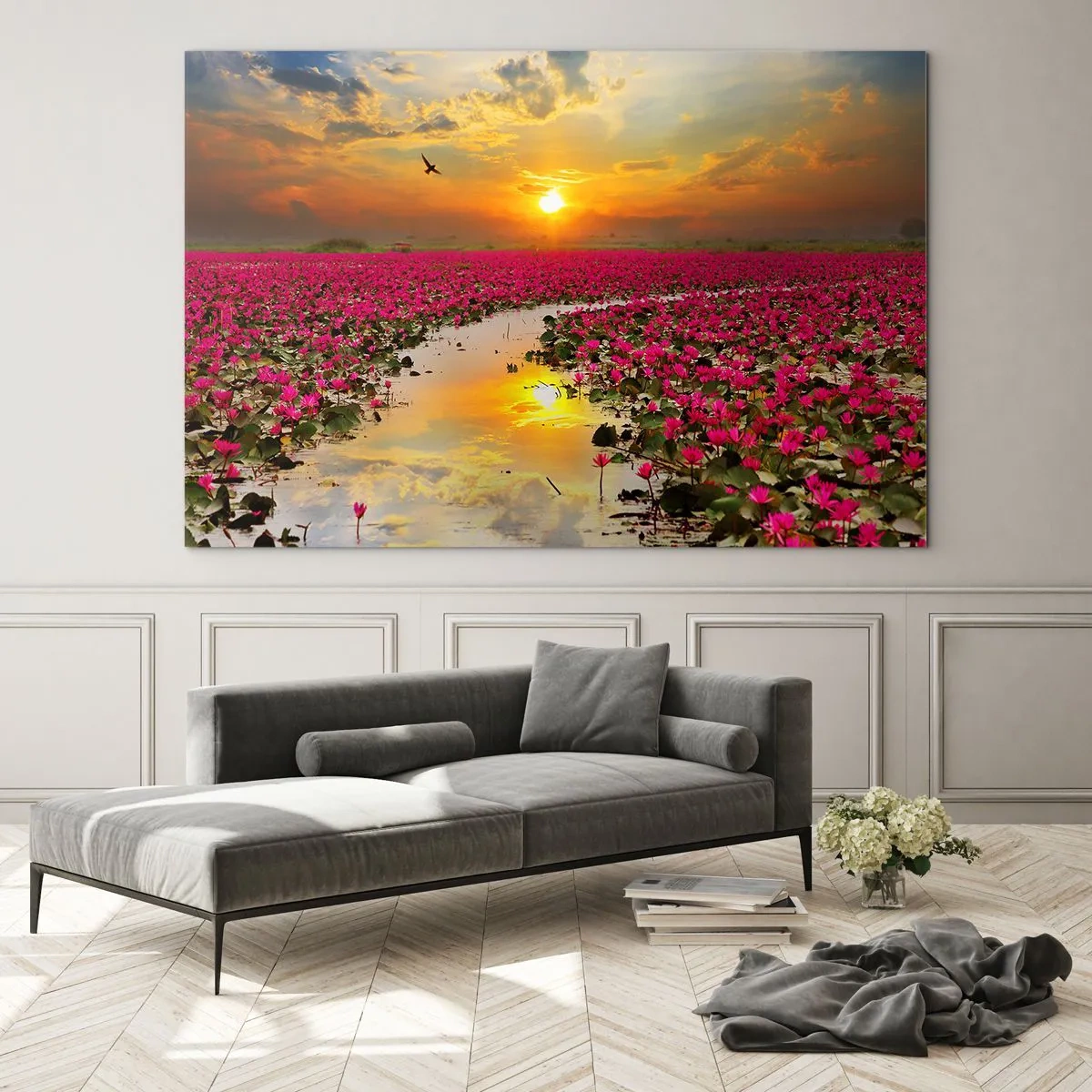 Obraz na skle - Růžové lekníny na jezeře při západu slunce - 70x50cm - Tajemný život jezera - Moderní nástěnná dekorace do obývacího pokoje a ložnice ARTTOR
