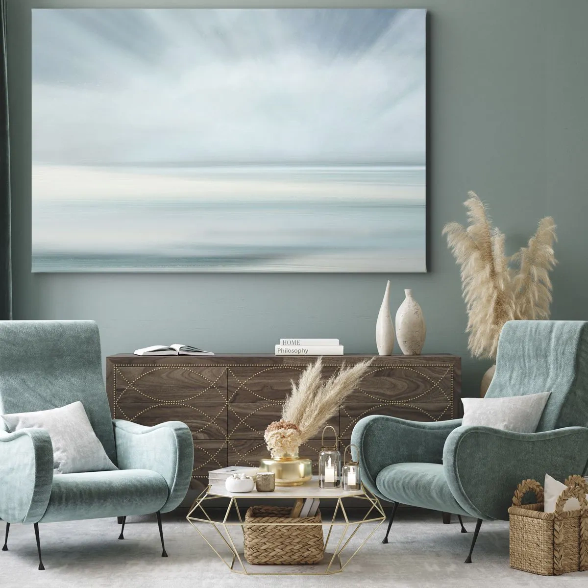 Obraz na plátně - Minimalistická krajina v jemných odstínech modré - 70x50cm - Klid až kam oko sahá - Moderní nástěnná dekorace do obývacího pokoje a ložnice ARTTOR
