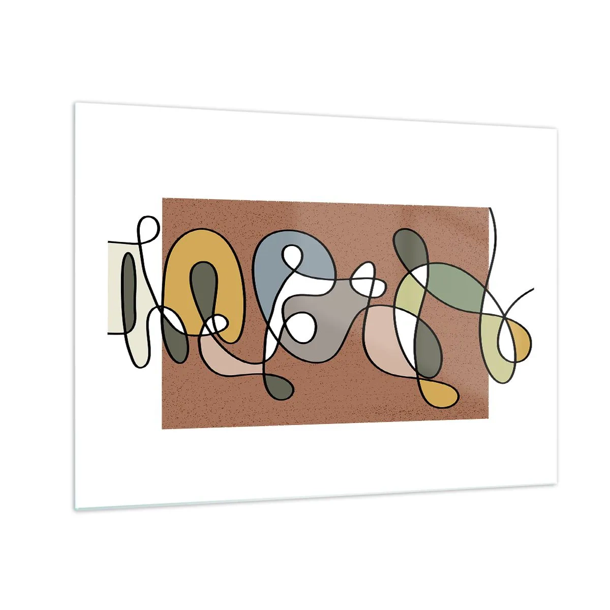 Obraz na skle - Barevná abstrakce s černou linkou na hnědém pozadí - 70x50cm - Abstrakce, která stojí za úsměv - Moderní nástěnná dekorace do obývacího pokoje a ložnice ARTTOR