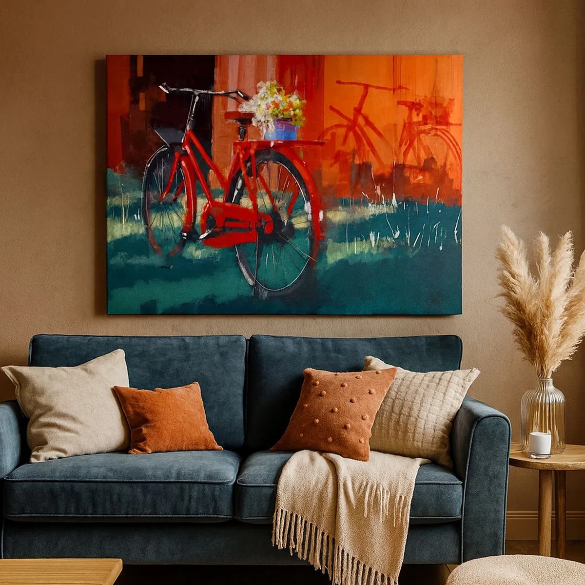 Obraz na plátně - Červené kolo s květinami na oranžové zdi - 70x50cm - I want to ride my bicycle - Moderní nástěnná dekorace do obývacího pokoje a ložnice ARTTOR