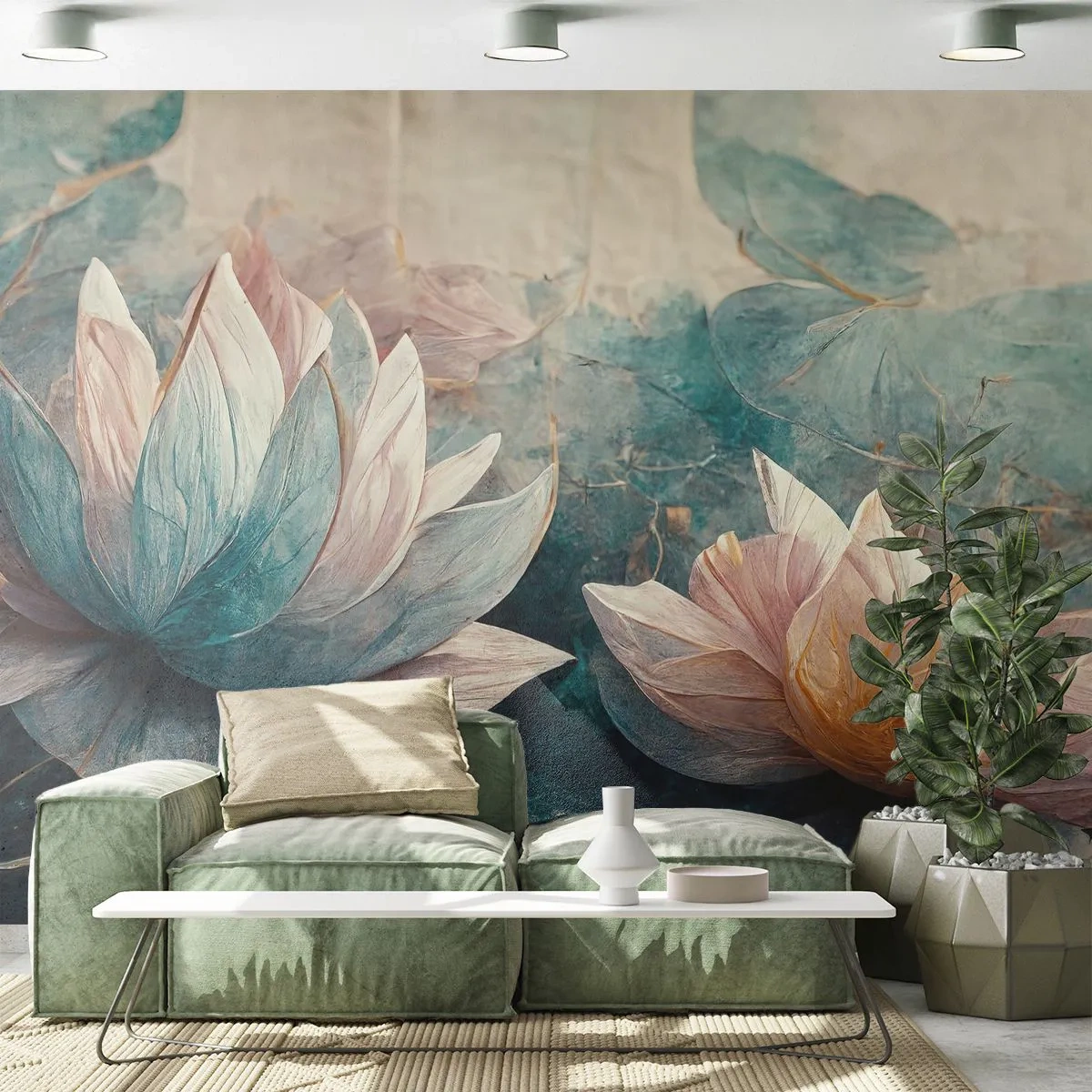 Fototapeta Premium Canvas - Hvězdy a jezero - Květiny, Art Deco, Lotus - 250x175 cm