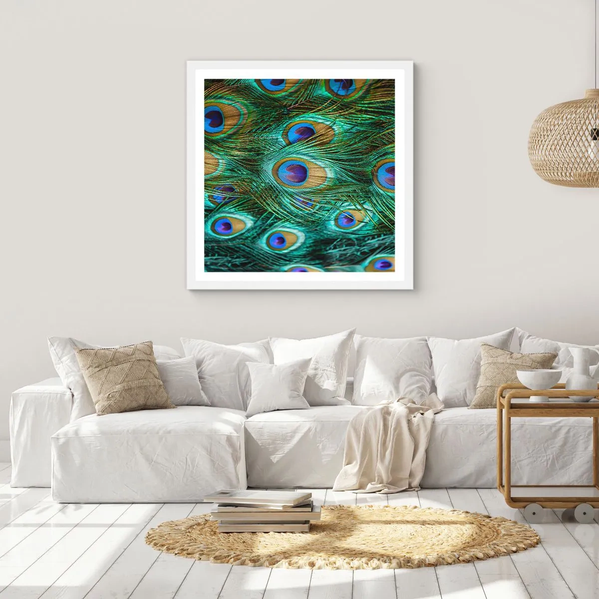 Plakát v bílém rámu - Paví pohled - 50x50 cm