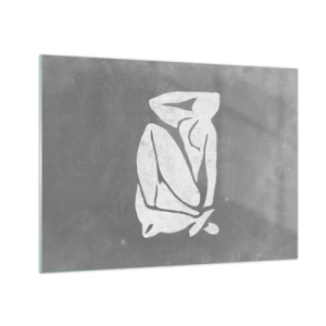 Obraz na skle - Minimalistická silueta ženy na šedém pozadí - 70x50cm - V zádumčivosti - Moderní nástěnná dekorace do obývacího pokoje a ložnice ARTTOR