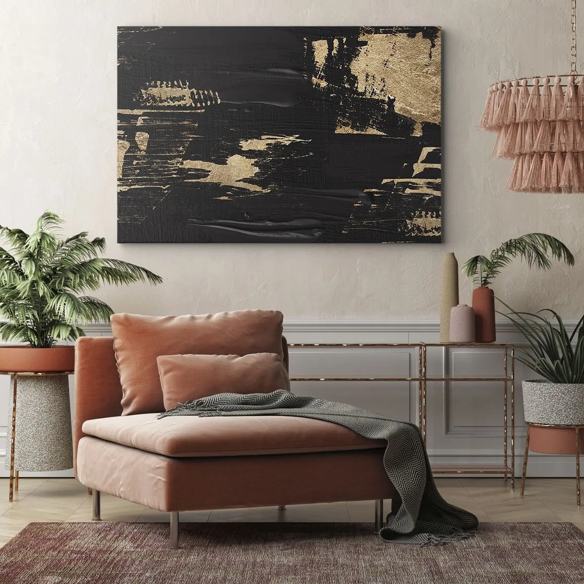 Obraz na plátně - Abstraktní kompozice v odstínech černé a zlaté - 70x50cm - Stopa doteku - Moderní nástěnná dekorace do obývacího pokoje a ložnice ARTTOR