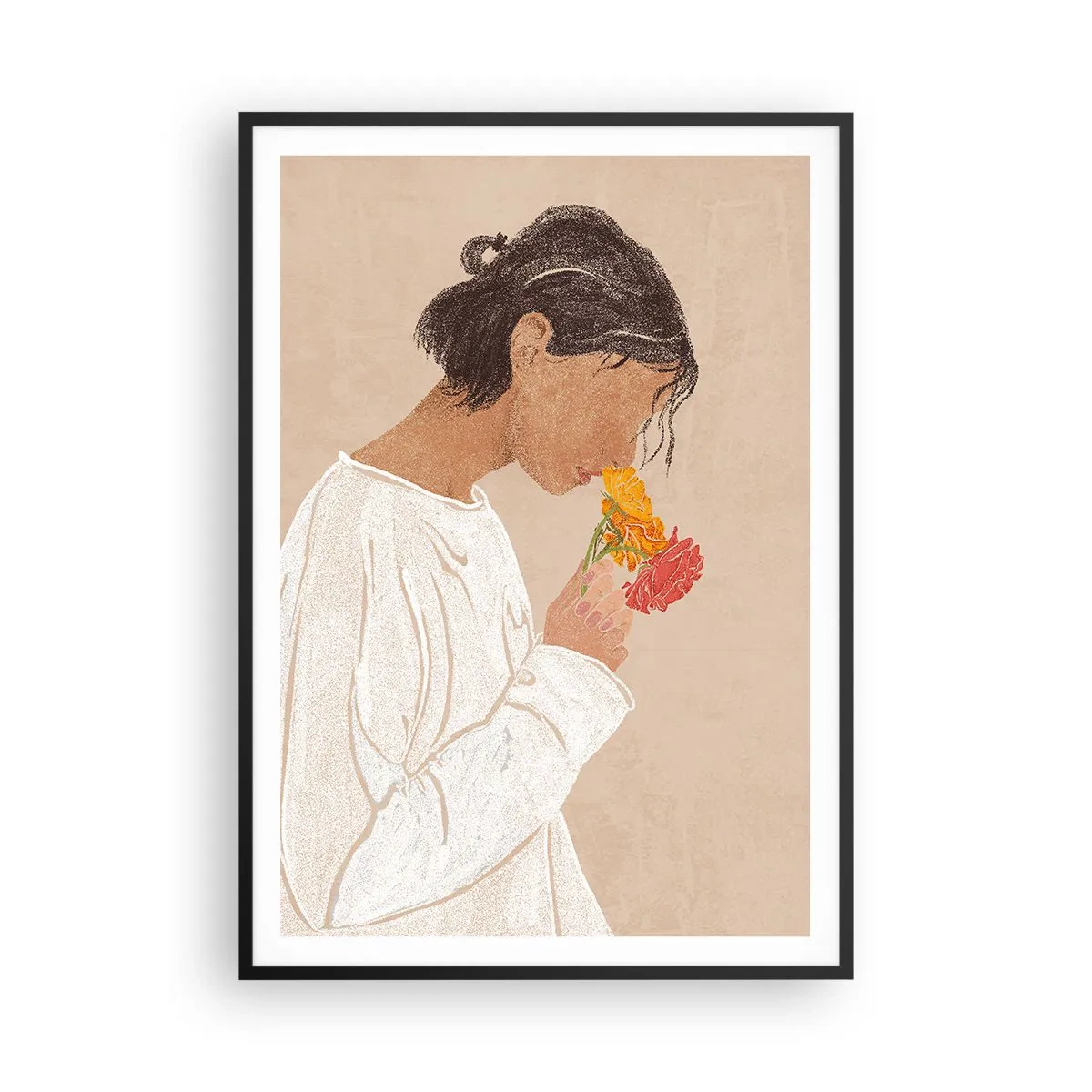 Plakát v černém rámu - Dívka a květiny - 70x100 cm