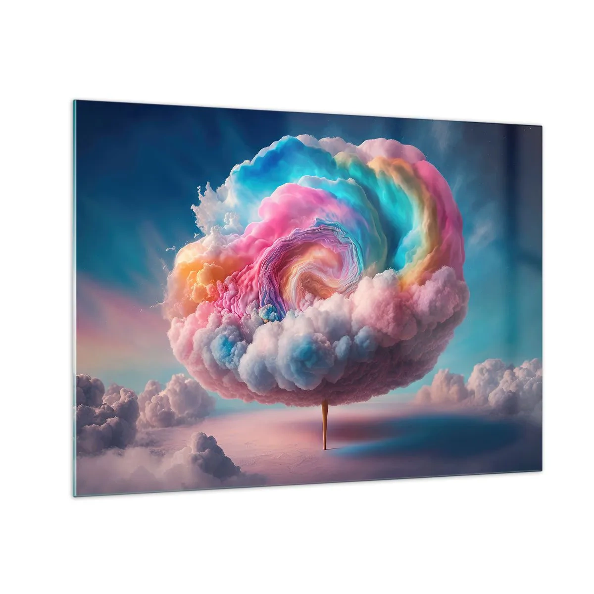 Obraz na skle - Fantastický oblak v pastelových barvách připomínající cukrovou vatu. - 70x50cm - Sen o zábavním parku - Moderní nástěnná dekorace do obývacího pokoje a ložnice ARTTOR