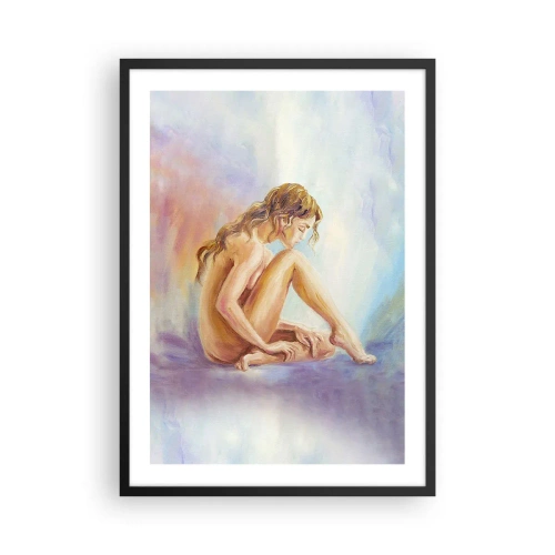 Plakát v černém rámu - Žena ztracená v myšlenkách na pastelovém pozadí - 50x70cm - Akt mládí - Moderní nástěnná dekorace do obývacího pokoje a ložnice ARTTOR