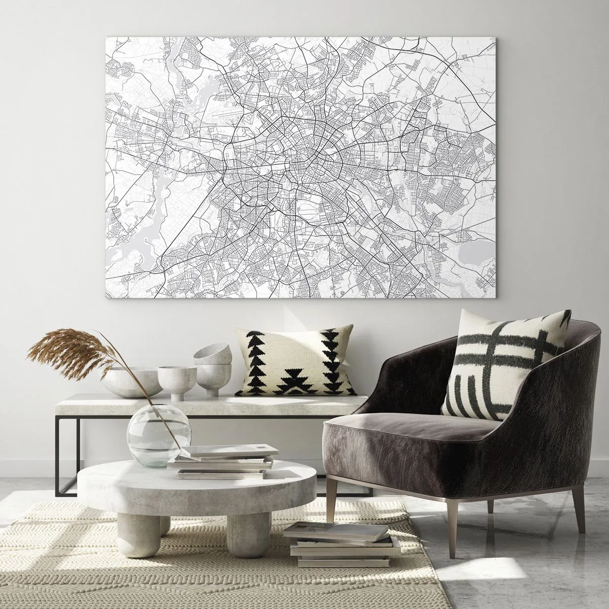 Obraz na skle - Černobílá mapa Berlína s geometrickým rozložením ulic - 70x50cm - Květ Berlína - Moderní nástěnná dekorace do obývacího pokoje a ložnice ARTTOR