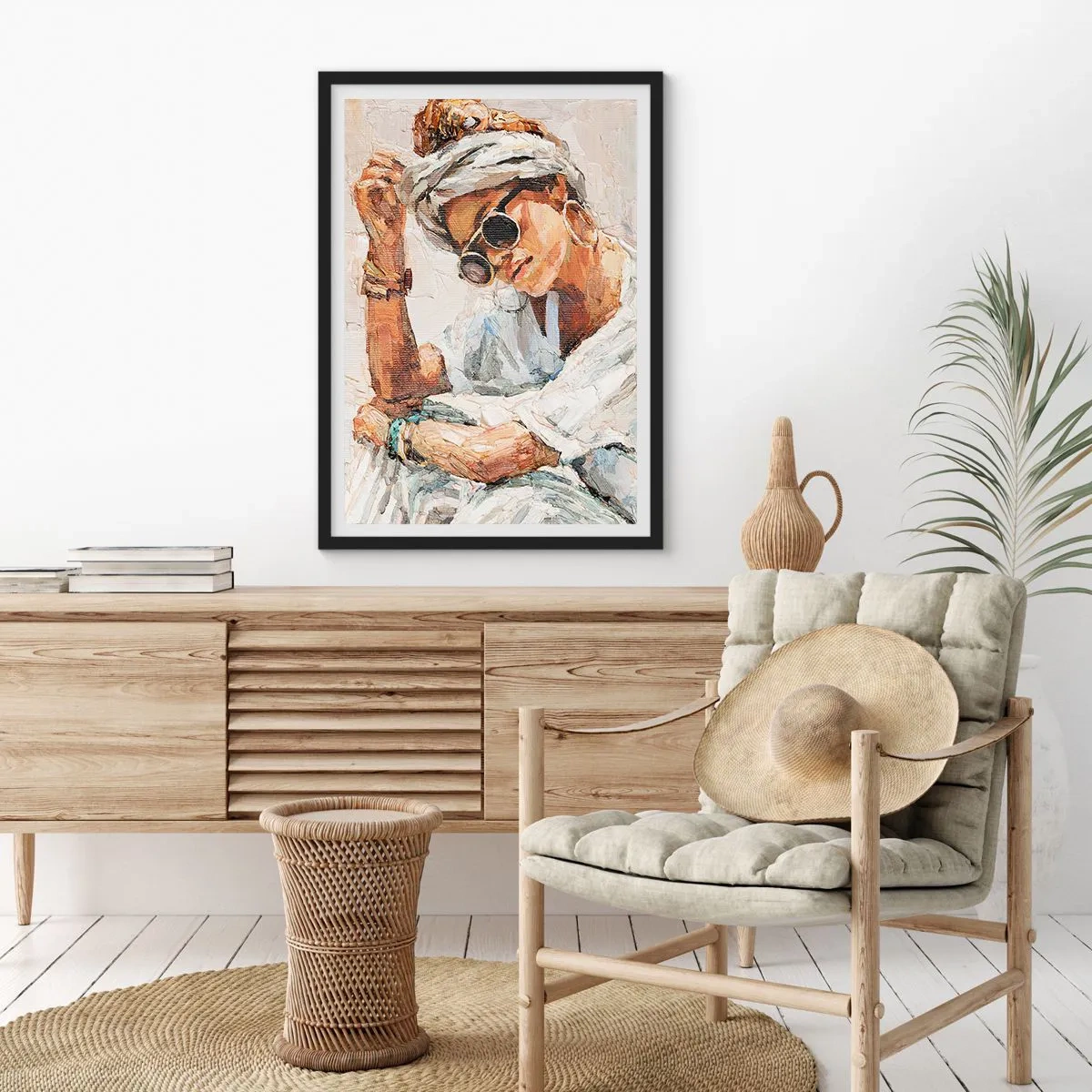 Plakát v černém rámu - Portrét ženy s brýlemi a turbanem v impresionistickém stylu - 50x70cm - Portrét v plném slunci - Moderní nástěnná dekorace do obývacího pokoje a ložnice ARTTOR