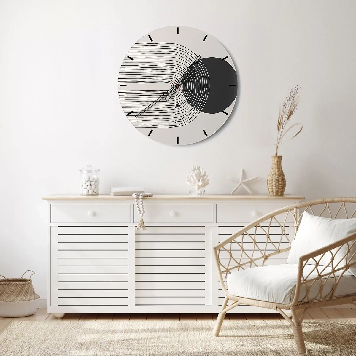 Nástěnné hodiny - Abstraktní čáry a černý kruh na světlém pozadí v grafické kompozici - 30x30cm - Chvění a jistota - Moderní nástěnná dekorace do obývacího pokoje, kuchyně a ložnice ARTTOR