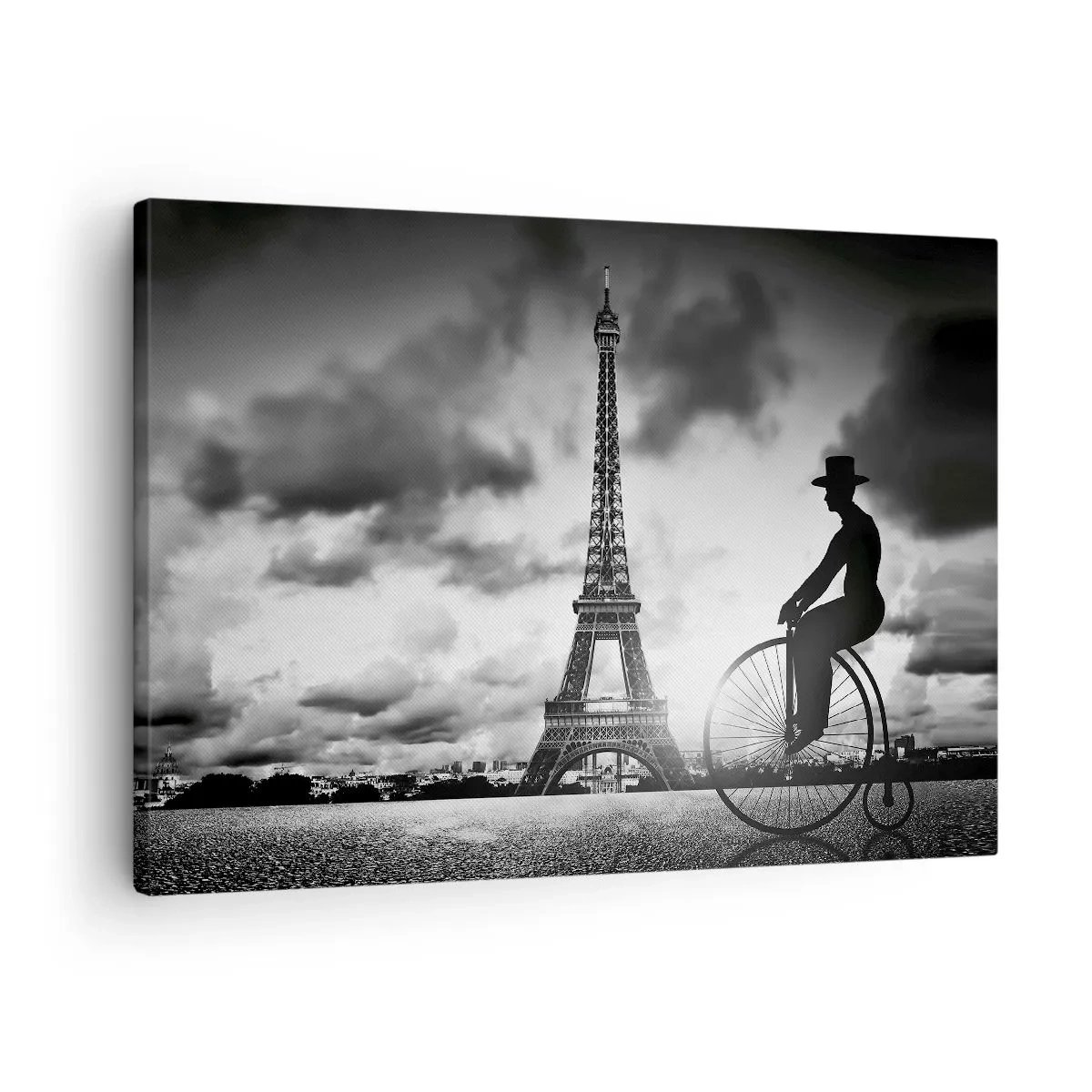 Obraz na plátně - Černobílý obrázek retro kola s Eiffelovou věží v pozadí - 70x50cm - Touha po Belle Epoque - Moderní nástěnná dekorace do obývacího pokoje a ložnice ARTTOR