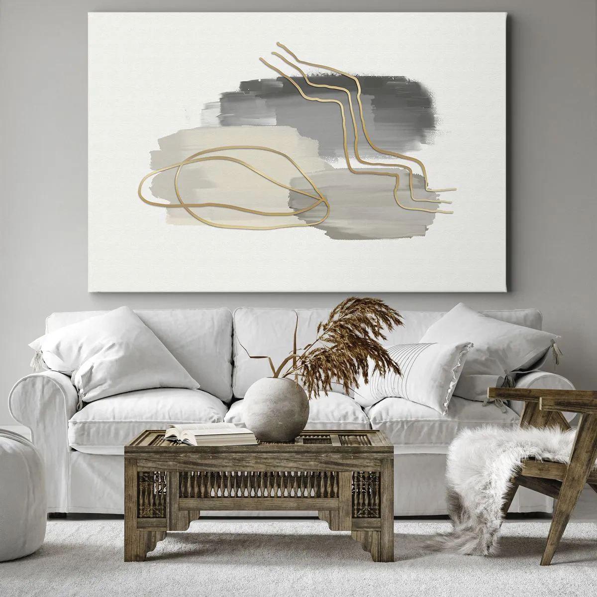Obraz na plátně - Abstraktní zlaté čáry na šedém pozadí - 70x50cm - Trvání a pohyb - Moderní nástěnná dekorace do obývacího pokoje a ložnice ARTTOR