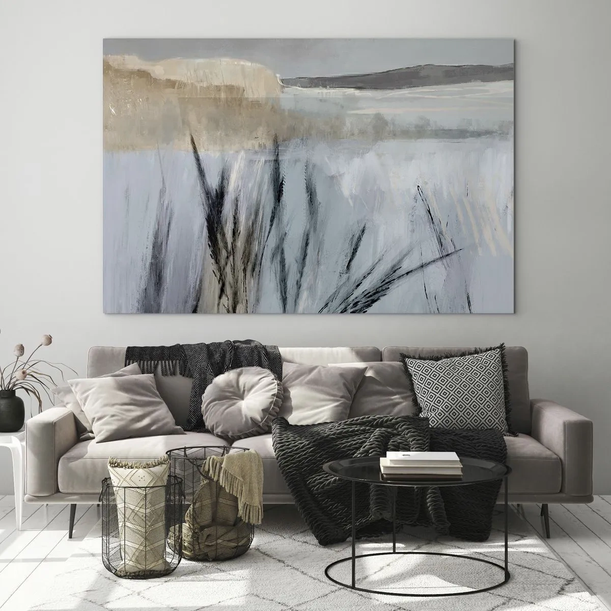 Obraz na skle - Zimní krajina s trávami na pozadí zasněžených polí - 70x50cm - Zimní pole - Moderní nástěnná dekorace do obývacího pokoje a ložnice ARTTOR