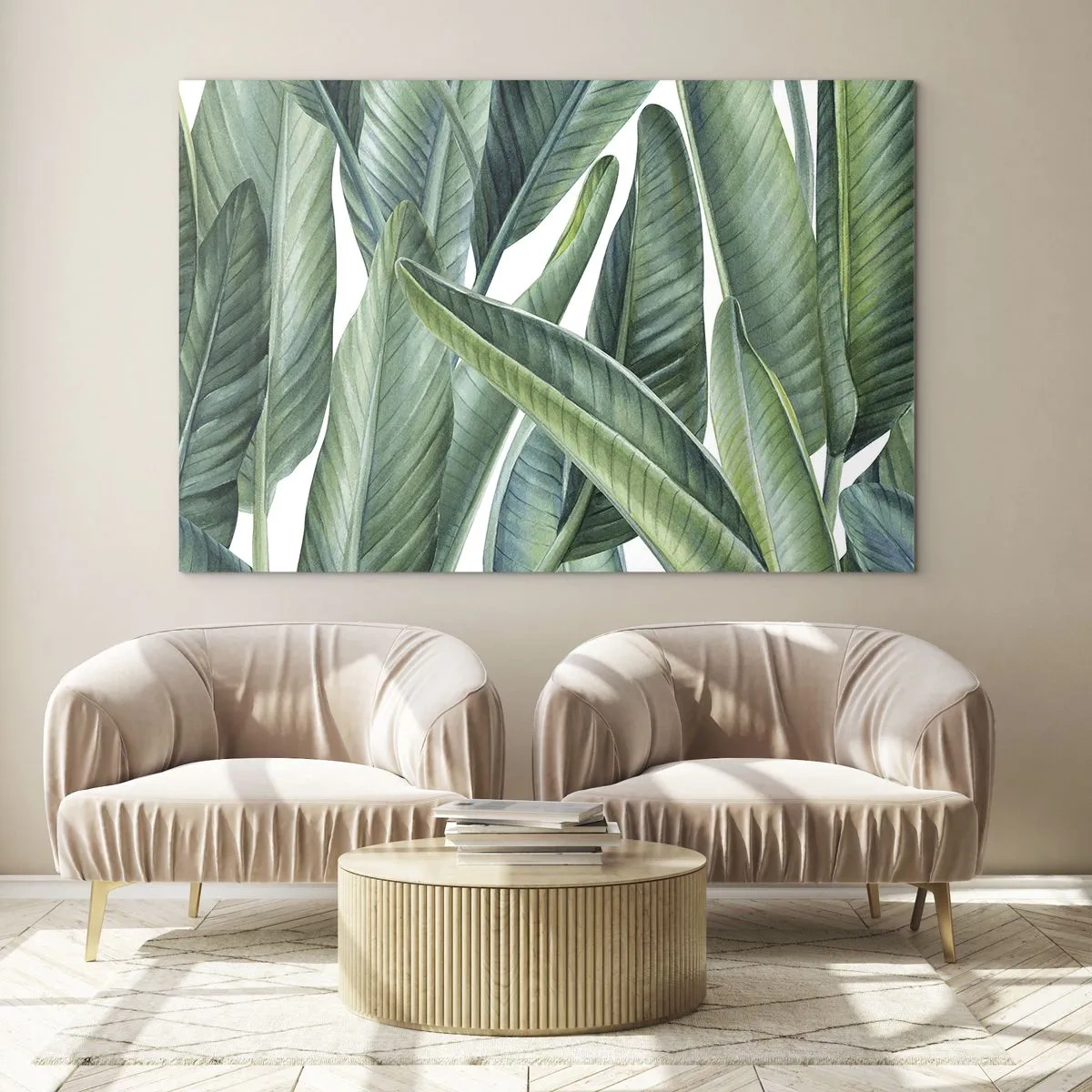 Obraz na skle - Tropické listy v odstínech zelené - 70x50cm - Prostě zelená - Moderní nástěnná dekorace do obývacího pokoje a ložnice ARTTOR
