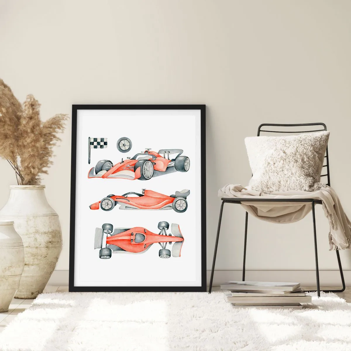 Plakát v černém rámu - Akvarelová ilustrace závodního auta - 50x70cm - Dohnat sen - Moderní nástěnná dekorace do obývacího pokoje a ložnice ARTTOR