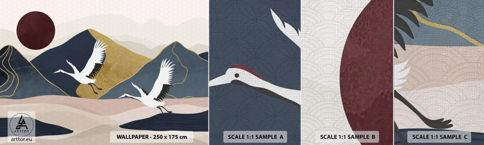 Vzor Fototapety Premium Canvas - Opět uběhl další den - Abstrakce, Jeřáby, hory - 100x30 cm