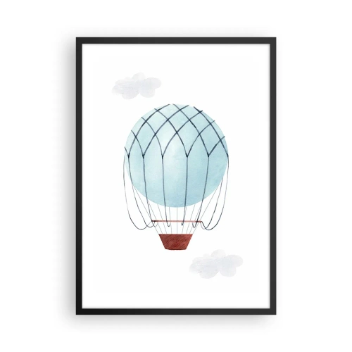 Plakát v černém rámu - Akvarelový horkovzdušný balón plující mezi mraky - 50x70cm - Celý v oblacích - Moderní nástěnná dekorace do obývacího pokoje a ložnice ARTTOR