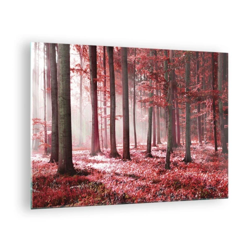 Obraz na skle - Podzimní les v červených barvách a ranní mlha - 70x50cm - Červená je stejně krásná - Moderní nástěnná dekorace do obývacího pokoje a ložnice ARTTOR
