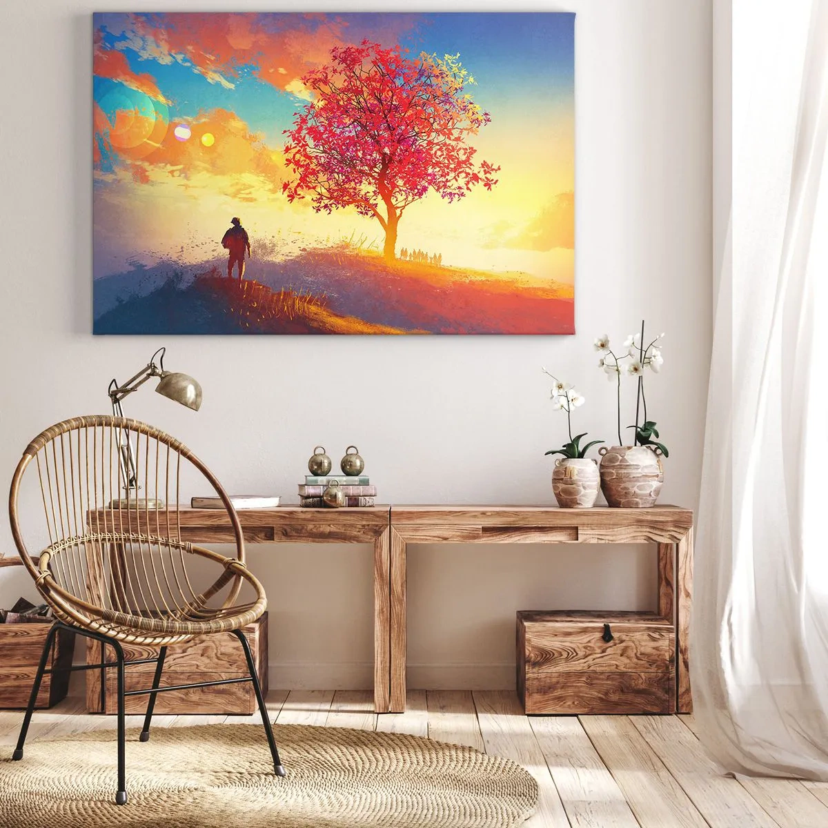 Obraz na plátně - Postava na kopci vedle barevného stromu ve světle zapadajícího slunce - 70x50cm - Poutník u cíle - Moderní nástěnná dekorace do obývacího pokoje a ložnice ARTTOR