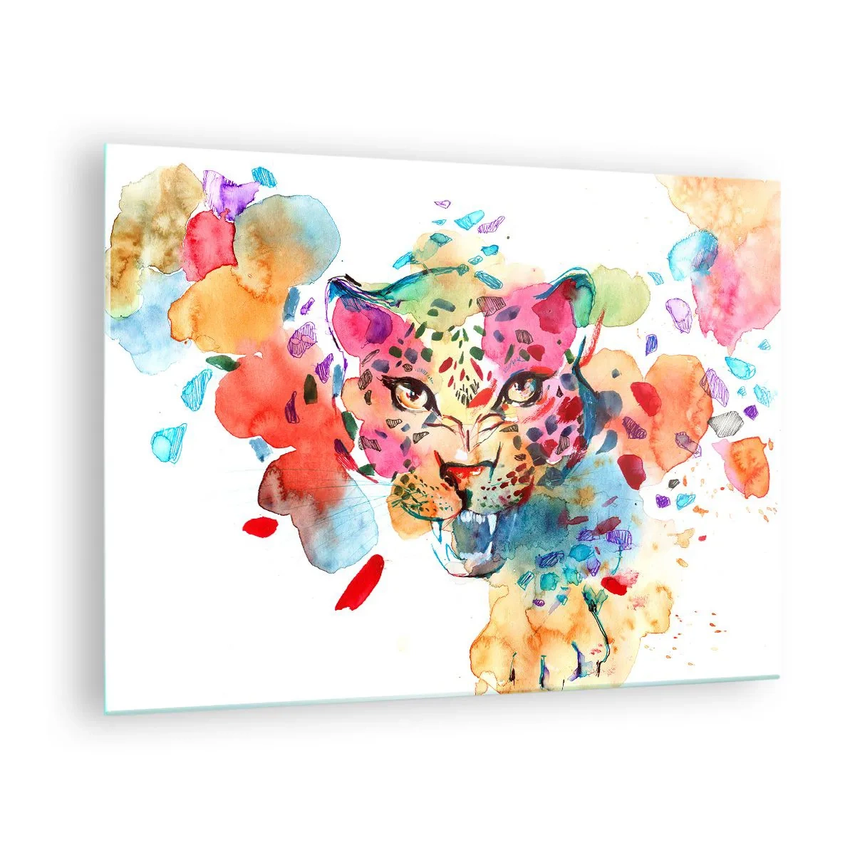 Obraz na skle - Barevný akvarelový portrét leoparda - 70x50cm - Kráska a zvíře - Moderní nástěnná dekorace do obývacího pokoje a ložnice ARTTOR