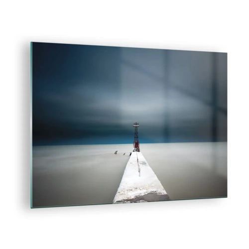 Obraz na skle - Minimalistické molo vedoucí k majáku na pozadí moře a nebe - 70x50cm - Setkat se s nekonečnem - Moderní nástěnná dekorace do obývacího pokoje a ložnice ARTTOR