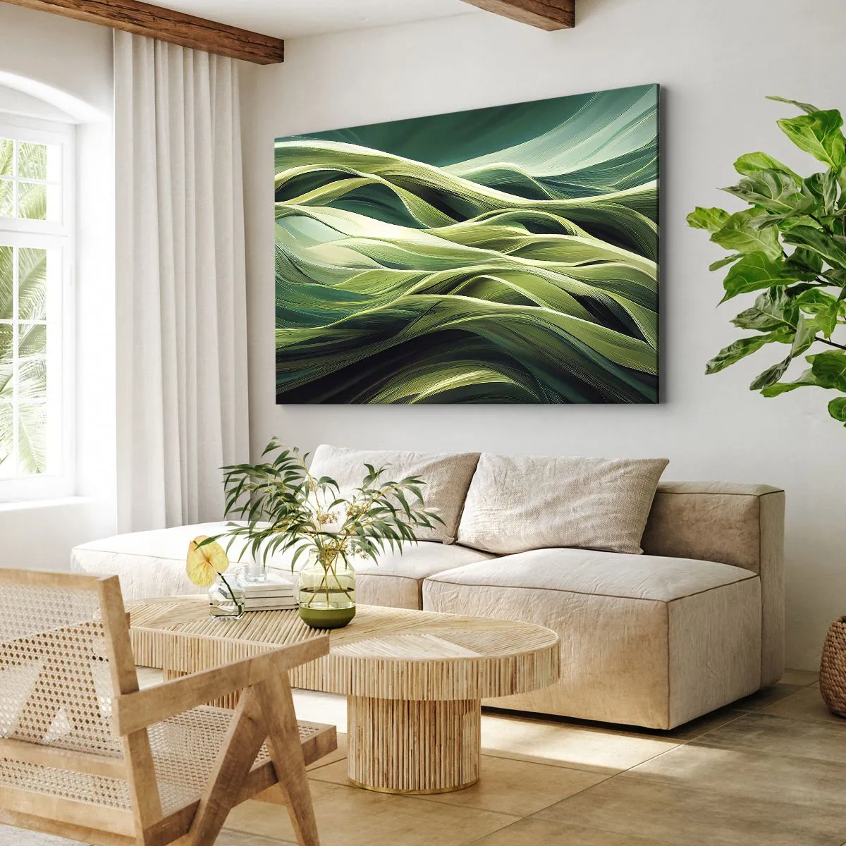 Obraz na plátně - Dynamické linie v odstínech zelené - 70x50cm - Abstraktní hra na zelenou - Moderní nástěnná dekorace do obývacího pokoje a ložnice ARTTOR
