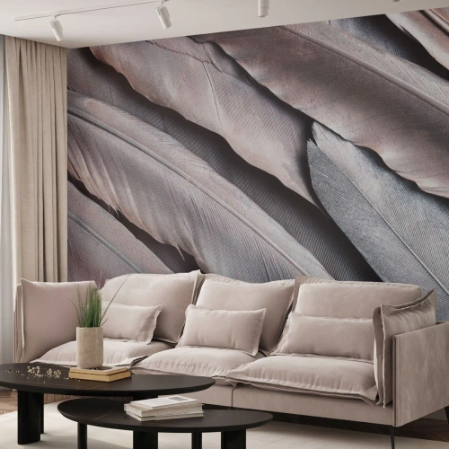 Fototapeta Premium Canvas - V růžové a stříbrné - Ptačí pírko, Grafika, Boho - 200x140 cm