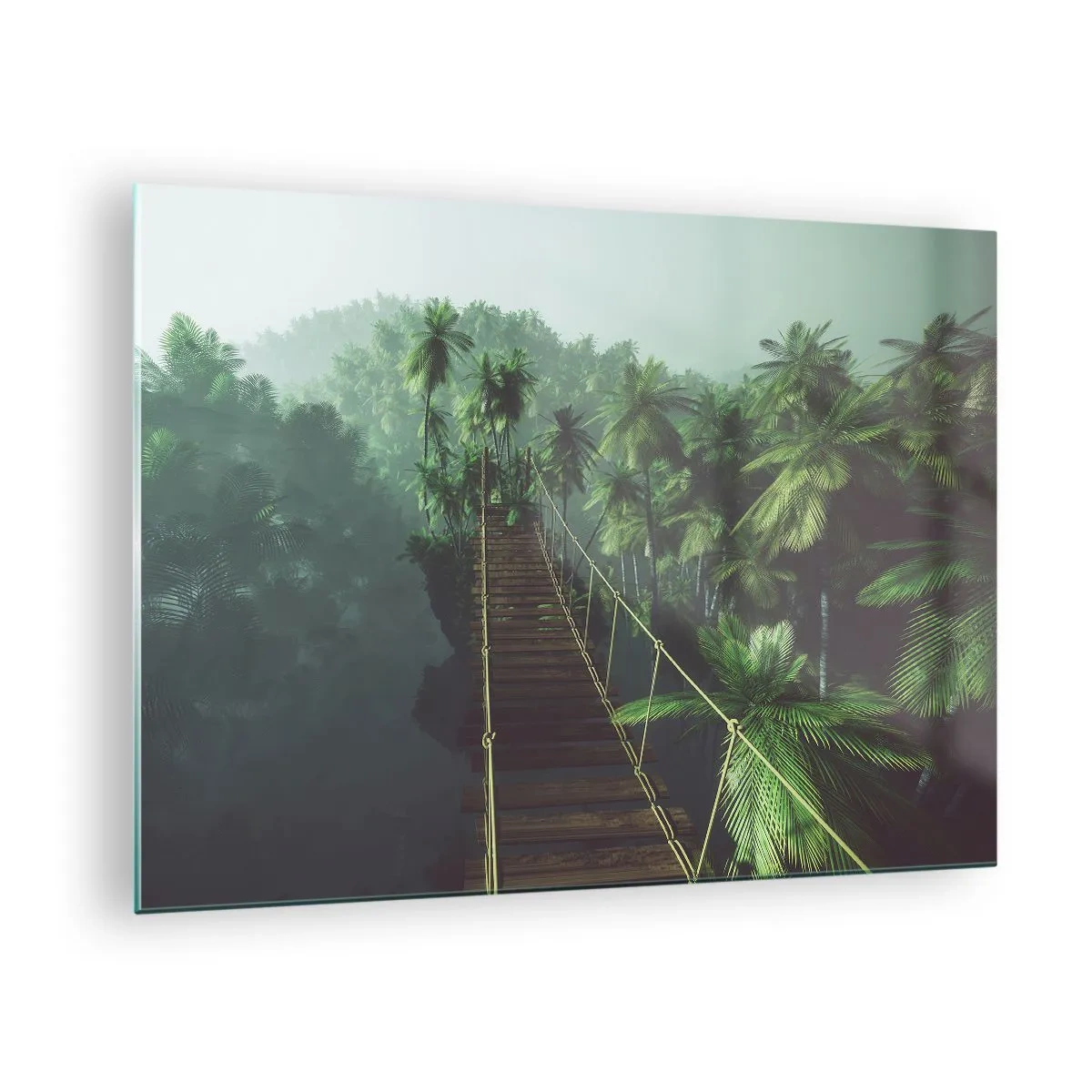 Obraz na skle - Lanový most v džungli obklopený palmami - 70x50cm - U vodopádu zeleně - Moderní nástěnná dekorace do obývacího pokoje a ložnice ARTTOR