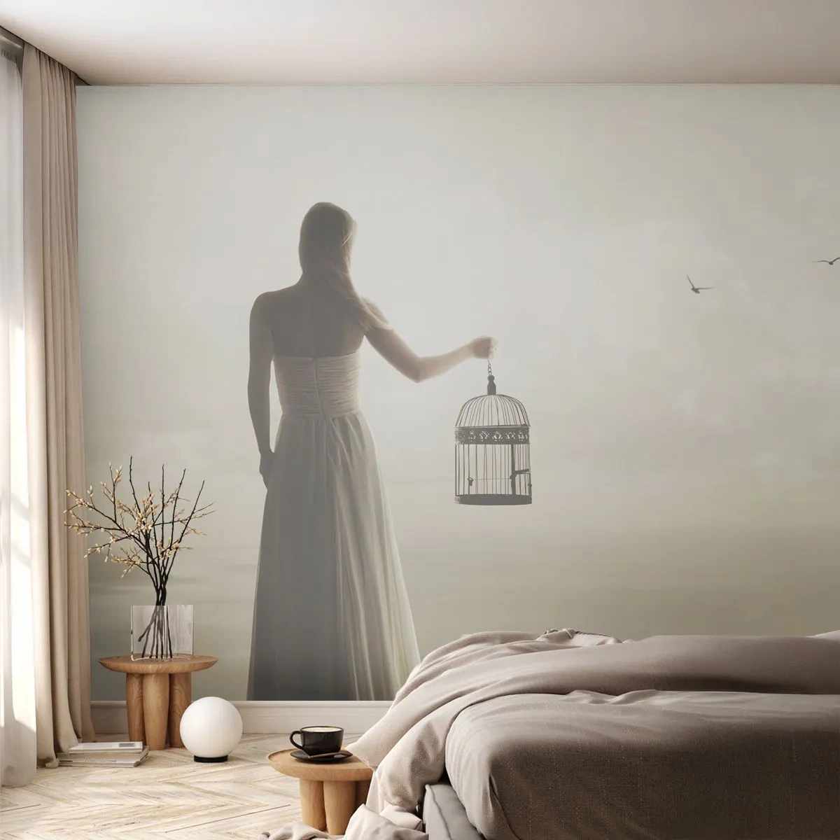 Fototapeta Premium Sand - Buď svobodná - Žena, Ptačí klec, Pták - 100x70 cm