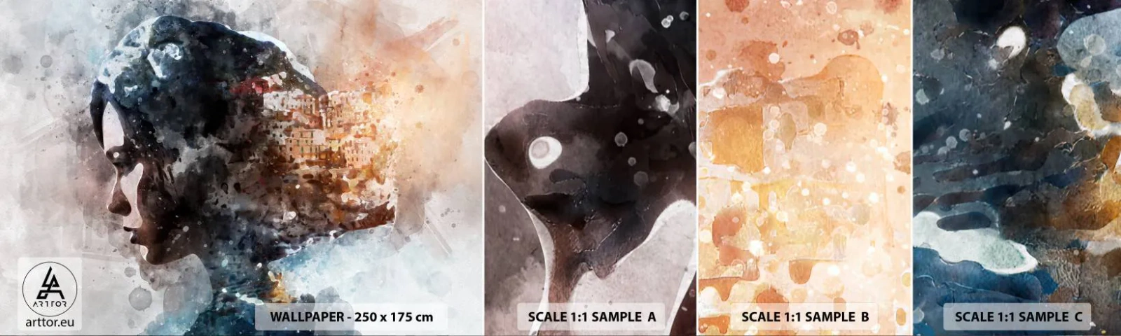 Vzor Fototapety Samolepicí Deluxe Sticker - Příběh o dívce s městem v pozadí - Abstrakce, Žena, Architektura - 100x30 cm