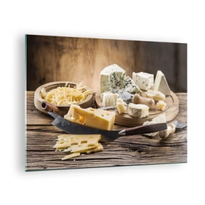 Obraz na skle - Sýrové prkénko s nožem na rustikálním stole - 70x50cm - Usměj se na sýr - Moderní nástěnná dekorace do obývacího pokoje a ložnice ARTTOR