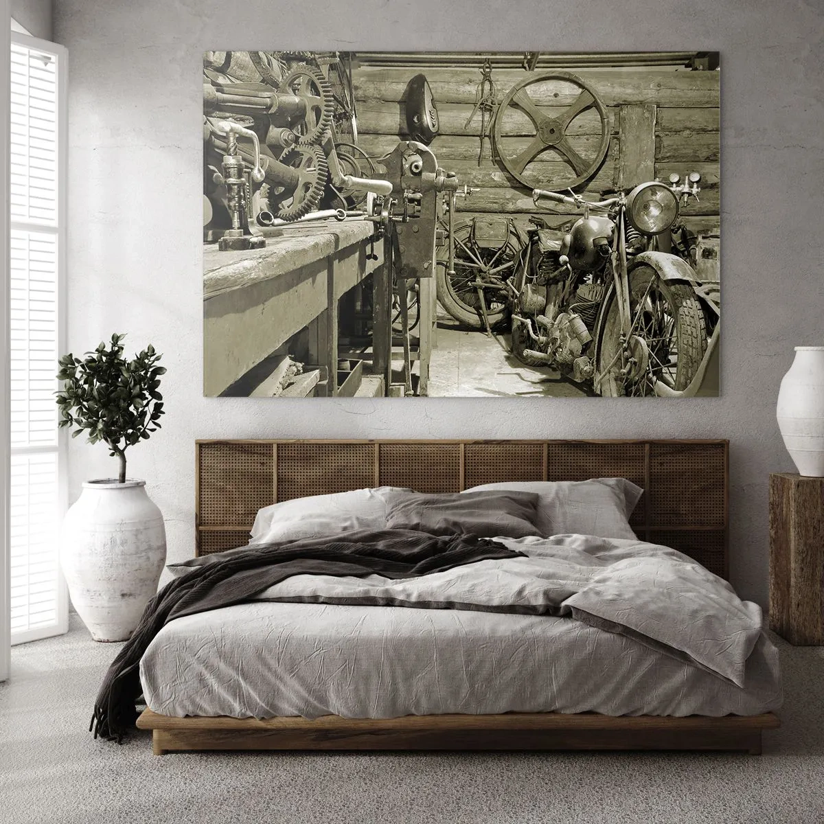 Obraz na skle - Dílna se starožitným nářadím a starým motocyklem - 70x50cm - V kůlně strýce Vládi - Moderní nástěnná dekorace do obývacího pokoje a ložnice ARTTOR