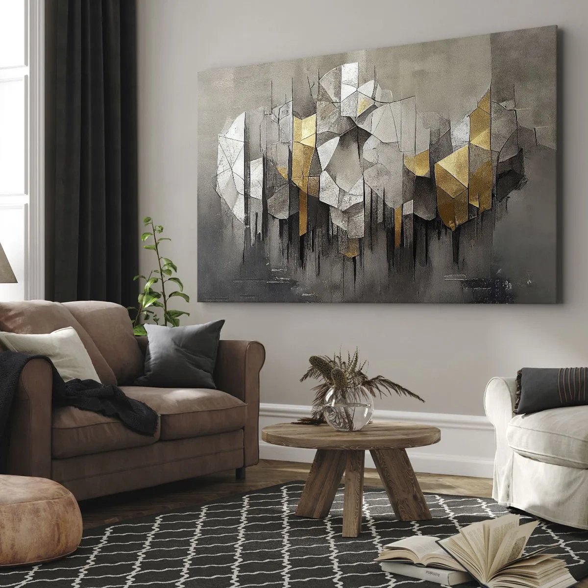 Obraz na plátně - Geometrická abstrakce v odstínech zlaté a šedé - 70x50cm - Kompozice z ledu a světla - Moderní nástěnná dekorace do obývacího pokoje a ložnice ARTTOR