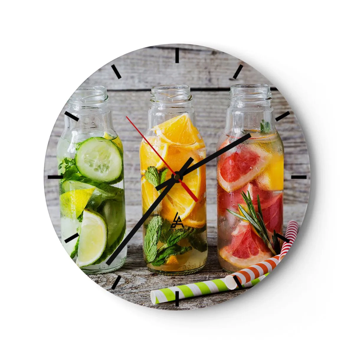 Nástěnné hodiny - Tři lahve vody s ovocnou a bylinkovou příchutí - 30x30cm - Zdravé od přírody - Moderní nástěnná dekorace do obývacího pokoje, kuchyně a ložnice ARTTOR