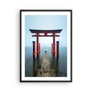 Plakát v černém rámu - Červené torii na pozadí klidné vody a oblohy - 50x70cm - Japonské zamyšlení - Moderní nástěnná dekorace do obývacího pokoje a ložnice ARTTOR
