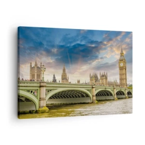 Obraz na plátně - Big Ben a Westminsterský most proti obloze za soumraku - 70x50cm - Čas se zastavil v Impériu - Moderní nástěnná dekorace do obývacího pokoje a ložnice ARTTOR