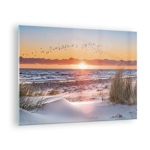 Obraz na skle - Západ slunce nad mořem s ptáky a písečnými dunami - 70x50cm - Horizontální krajina - Moderní nástěnná dekorace do obývacího pokoje a ložnice ARTTOR