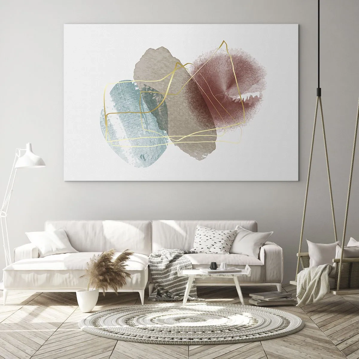 Obraz na skle - Abstraktní akvarelové cákance a zlaté linky - 70x50cm - Korálky prostoru - Moderní nástěnná dekorace do obývacího pokoje a ložnice ARTTOR