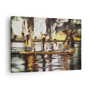 Obraz na plátně - Ženy v lodi na klidné řece s malebným pozadím - 70x50cm - V polynéském ráji - Moderní nástěnná dekorace do obývacího pokoje a ložnice ARTTOR