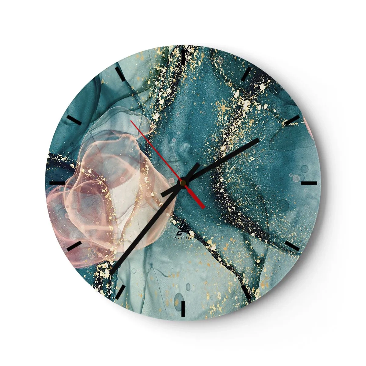 Nástěnné hodiny - Umělecké barevné cákance v odstínech tyrkysové a růžové se zlatými akcenty - 30x30cm - Modré hedvábí modré, růžový tyl - Moderní nástěnná dekorace do obývacího pokoje, kuchyně a ložnice ARTTOR