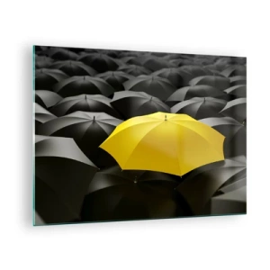 Obraz na skle - Žlutý deštník vyčnívající mezi černými - 70x50cm - Sbohem smutku - Moderní nástěnná dekorace do obývacího pokoje a ložnice ARTTOR