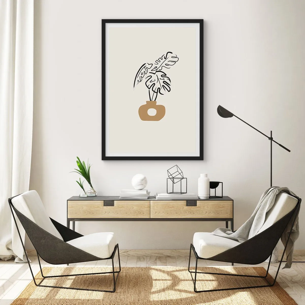 Plakát v černém rámu - Minimalistická kresba monstery ve váze - 50x70cm - Monstera – ozdoba pro domácnost - Moderní nástěnná dekorace do obývacího pokoje a ložnice ARTTOR