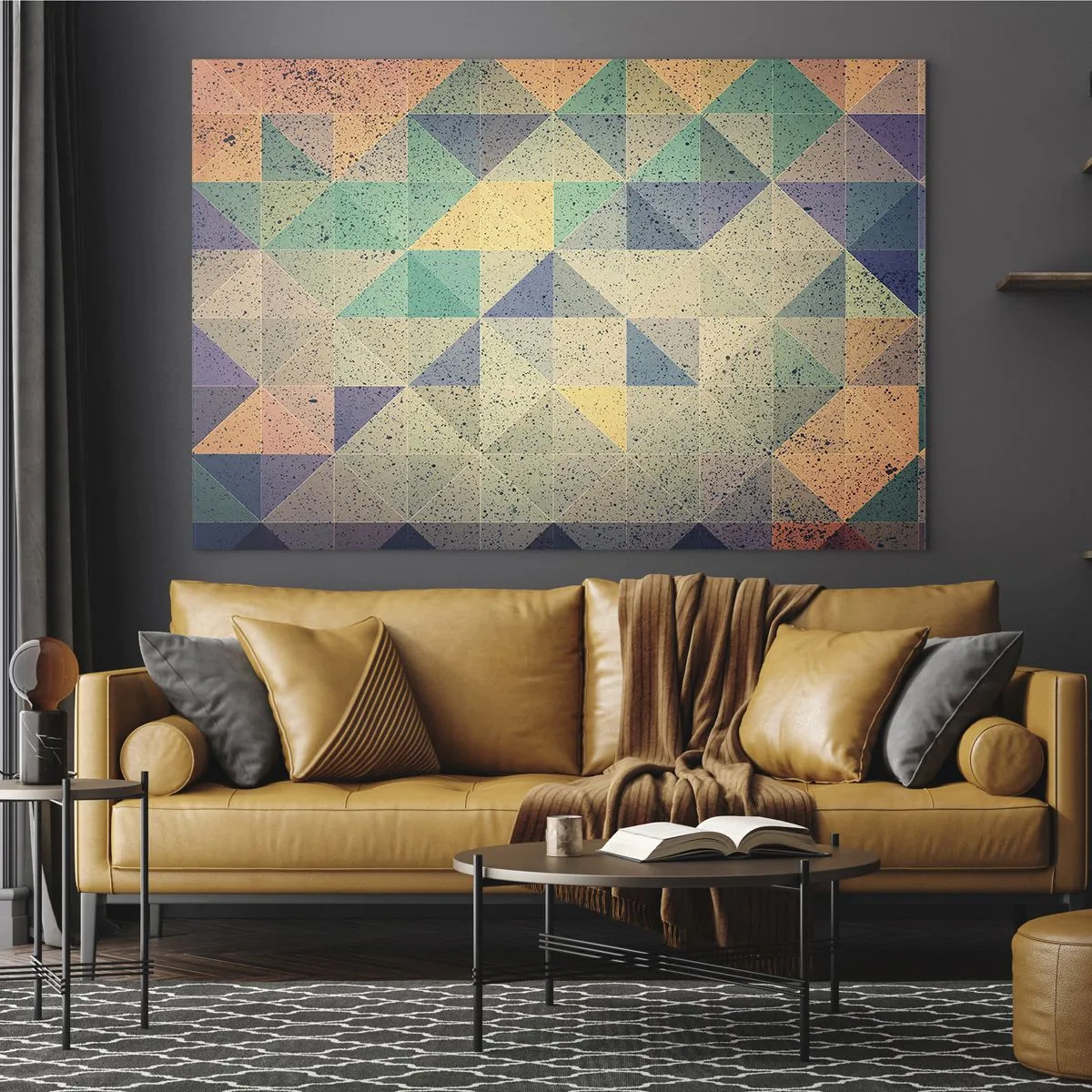 Obraz na skle - Barevná mozaika s geometrickými trojúhelníky v retro stylu - 70x50cm - Republika trojúhelníků - Moderní nástěnná dekorace do obývacího pokoje a ložnice ARTTOR