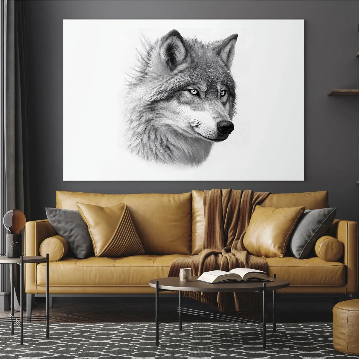 Obraz na skle - Černobílý portrét vlka s pronikavým pohledem - 70x50cm - Alfa – bezpochybně - Moderní nástěnná dekorace do obývacího pokoje a ložnice ARTTOR