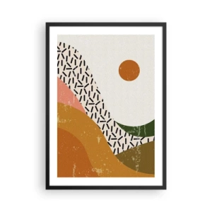 Plakát v černém rámu - Abstraktní krajina v teplých barvách - 50x70cm - Sluneční abstrakce - Moderní nástěnná dekorace do obývacího pokoje a ložnice ARTTOR