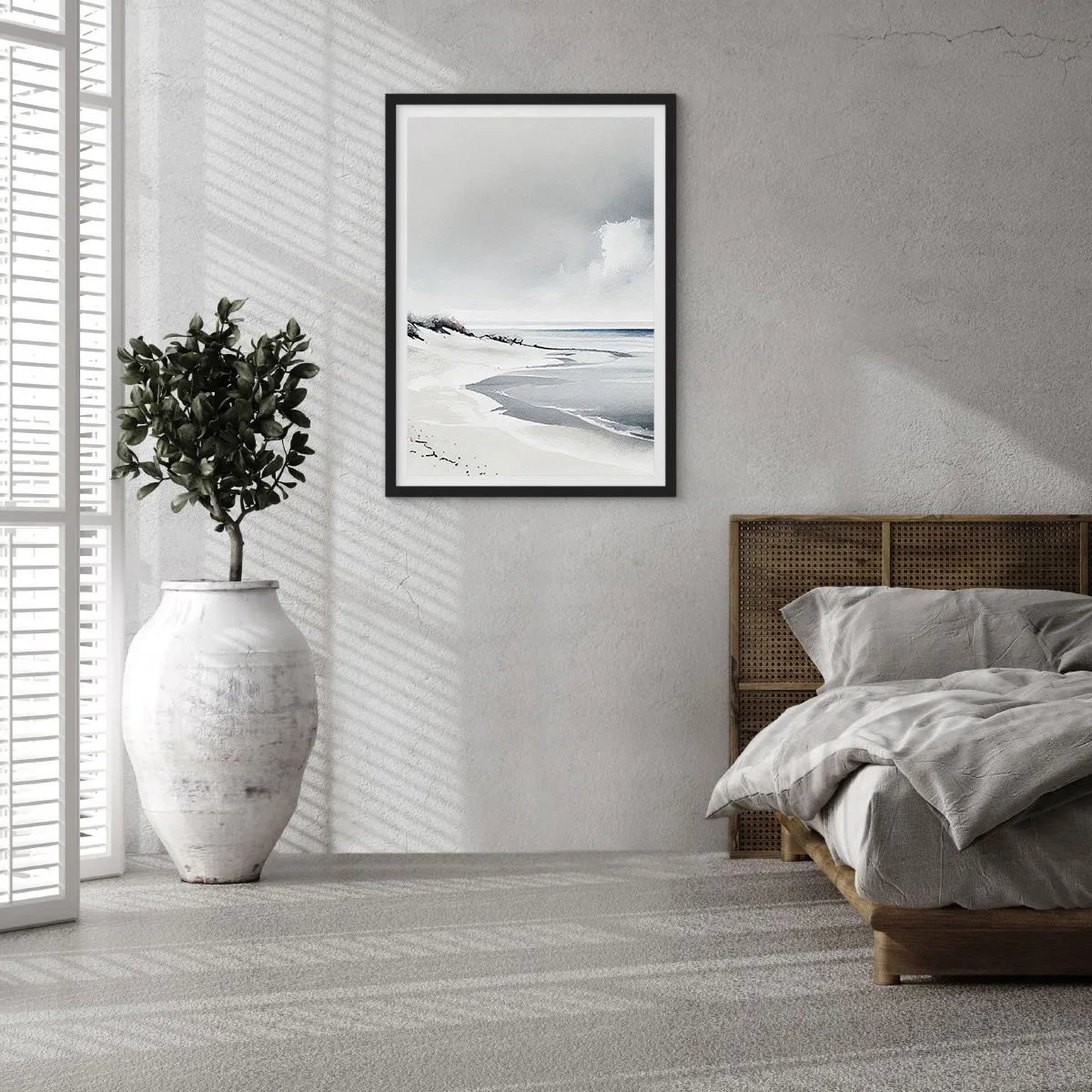 Plakát v černém rámu - Minimalistická pláž v odstínech šedé - 50x70cm - Vždycky spolu - Moderní nástěnná dekorace do obývacího pokoje a ložnice ARTTOR